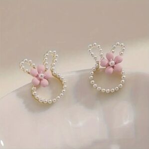 NEW Faux Pearl Bunny‎ Easter Rabbit Stud Flower White & Pink Fashion Earrings